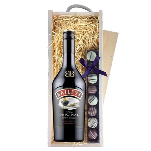 Baileys Irish Cream 70cl & Heart Truffles, Wooden Box